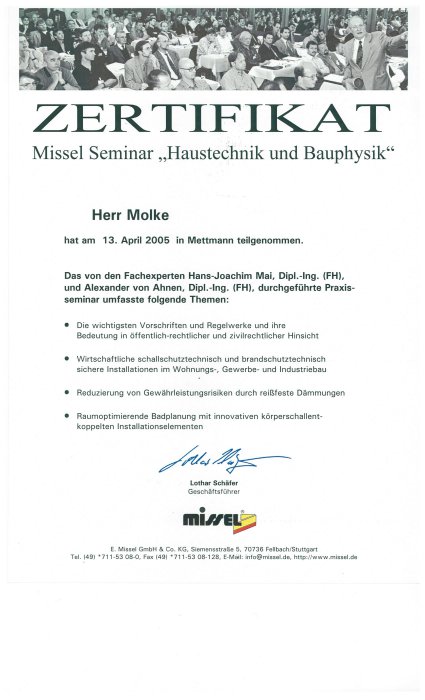 Zertifikat von Herrn Molke von GTM aus Herne